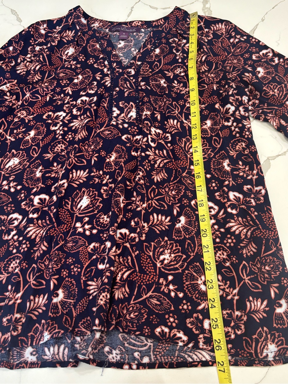 Gloria Vanderbilt Nova Navy Coral Floral V-Neck Tunic Blouse Top Bell Sleeve M - Picture 16 of 16
